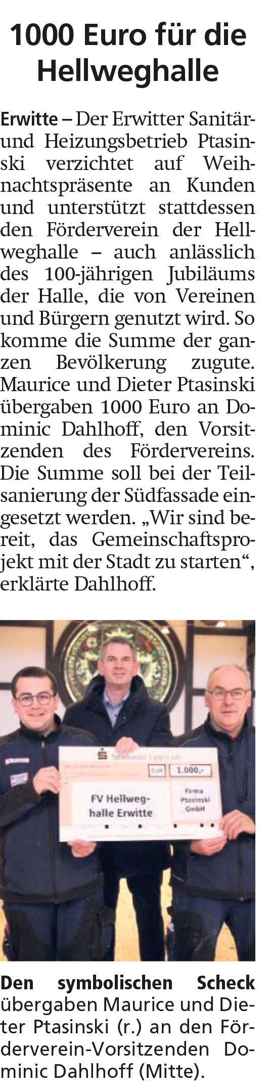 Zeitungsausschnitt welcher die Spende an die Hellweghalle beschreibt.